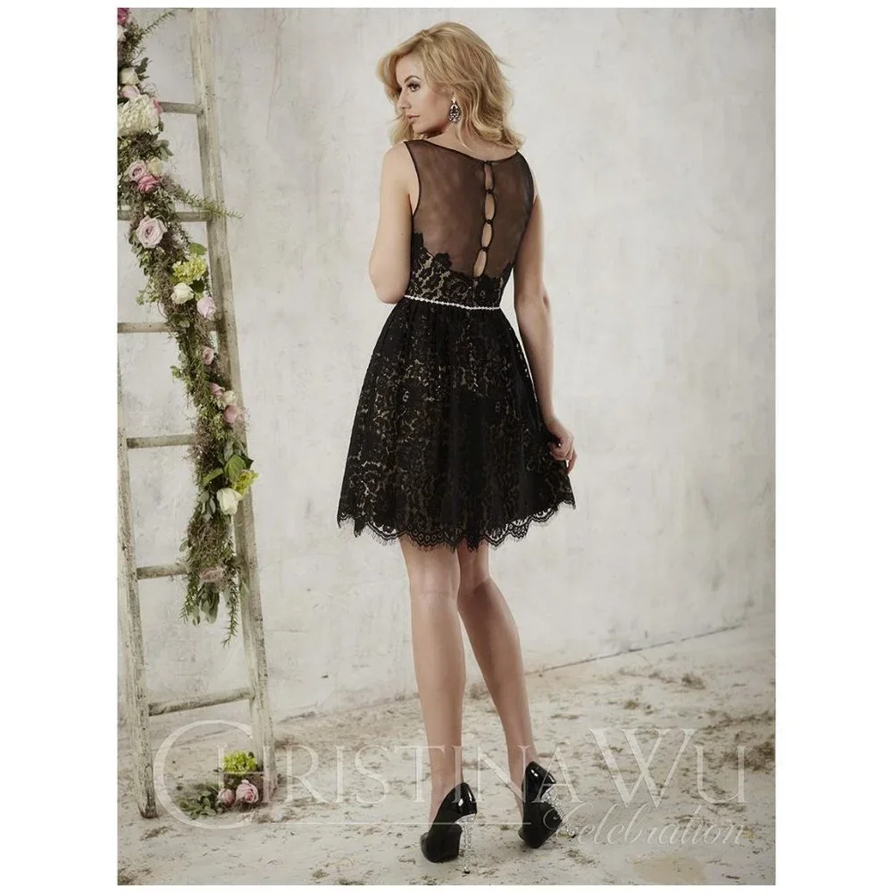 CHRISTINA WU Aubergine Purple Lace Pearl & Diamond Waist Short Formal Dress 12 - Picture 2 of 7